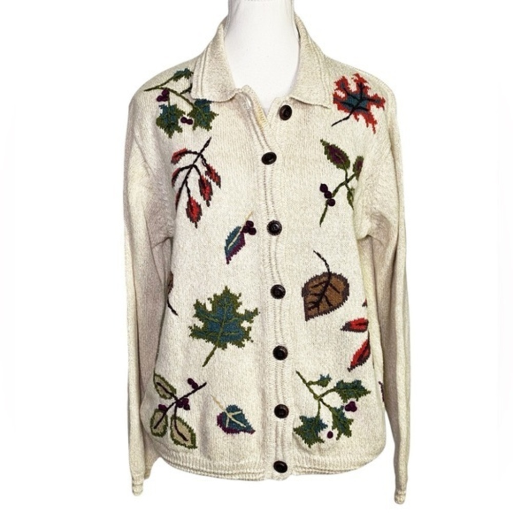 Alfred Dunner Cream Cardigan with Leaf Motif